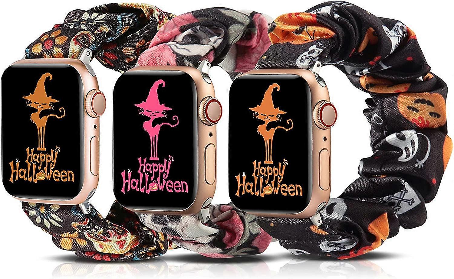 3 Packs Compatible with Apple Watch Band Halloween Scrunchies 42mm Cloth Soft Pattern Printed Fabric Bracelet Women IWatch Elastic Scrunchy Bands 44mm