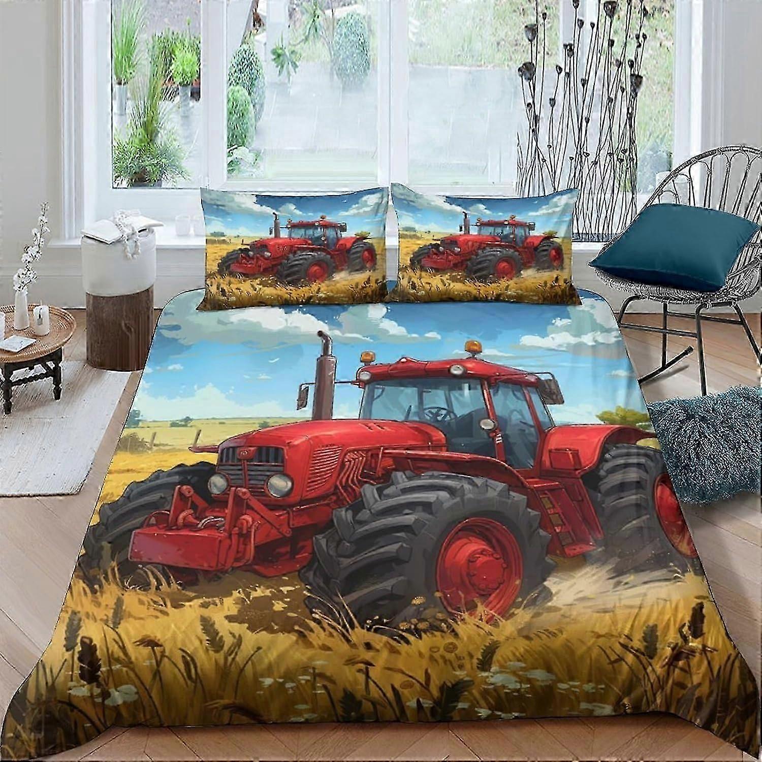 J3489 Bed Sheets Bedding Set Duvet Cover Set For 3D Printed 3 Pieces Microfiber Tractor Comforter Cover With 2 Pillowcases With Zipper Closure Quilt C
