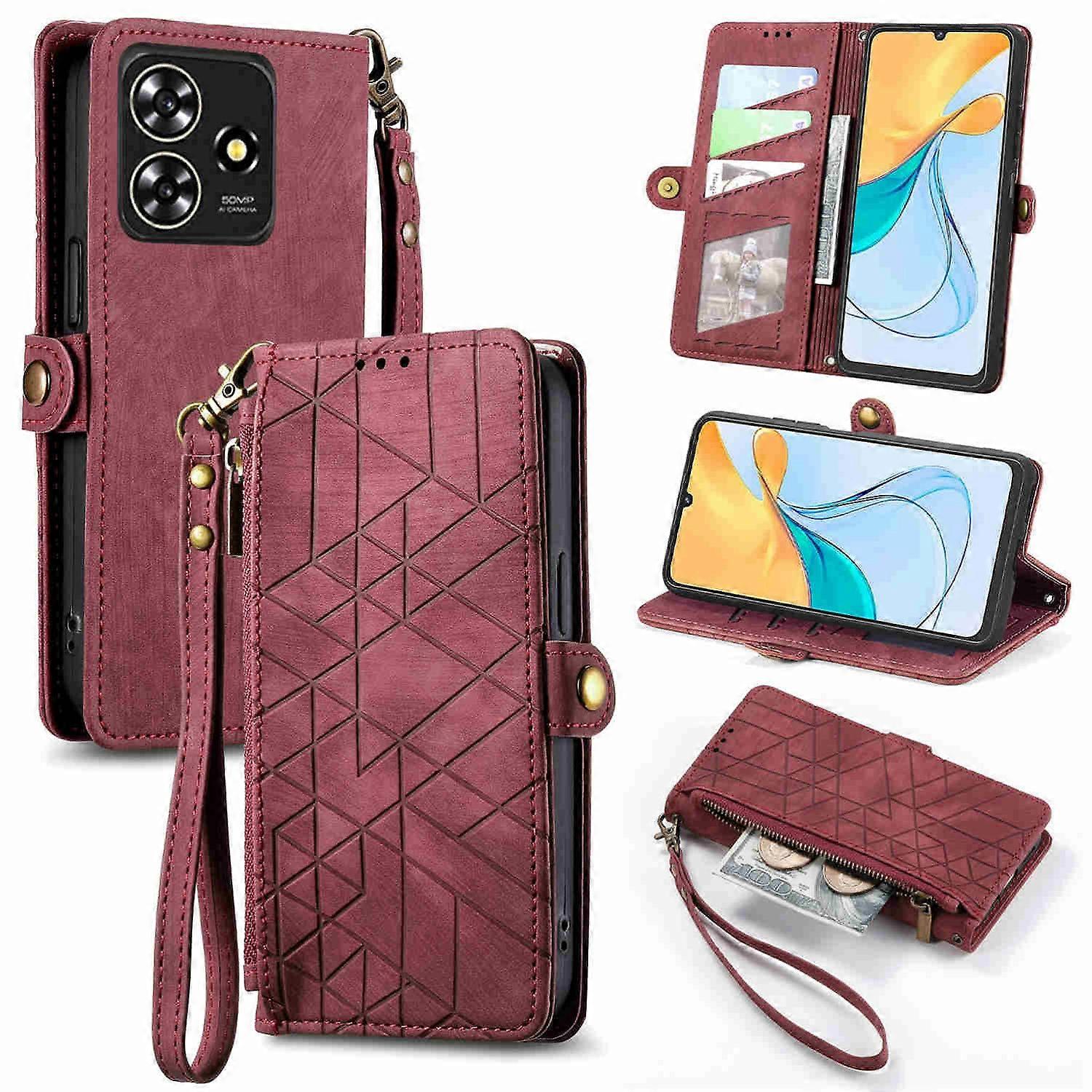 For ZTE Blade A73 4G Faux Leather Zipper Wallet Case with Loop Protective Cover Brown