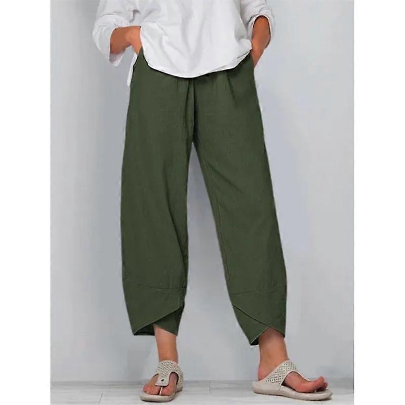 Women’s Fashion Summer Casual Long Pants Solid Color Loose Elastic Waist Cotton Linen Trousers Plus Size