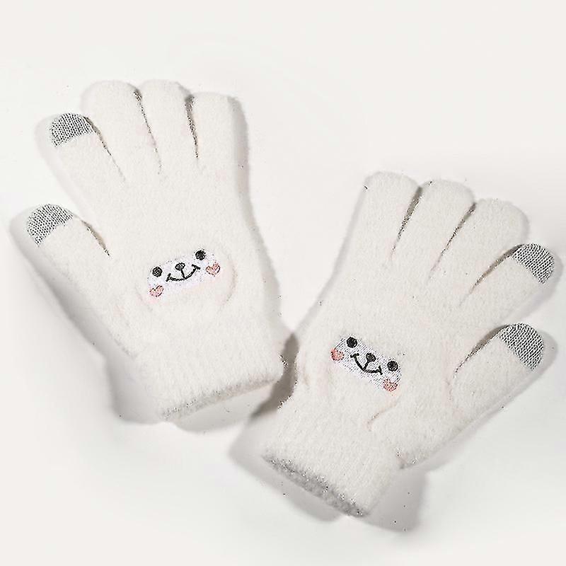 Ladies Kids Winter Touch Screen Gloves Warm Fleece Lining Knit Gloves Elastic Cuff Winter Texting Gloves White Smiley