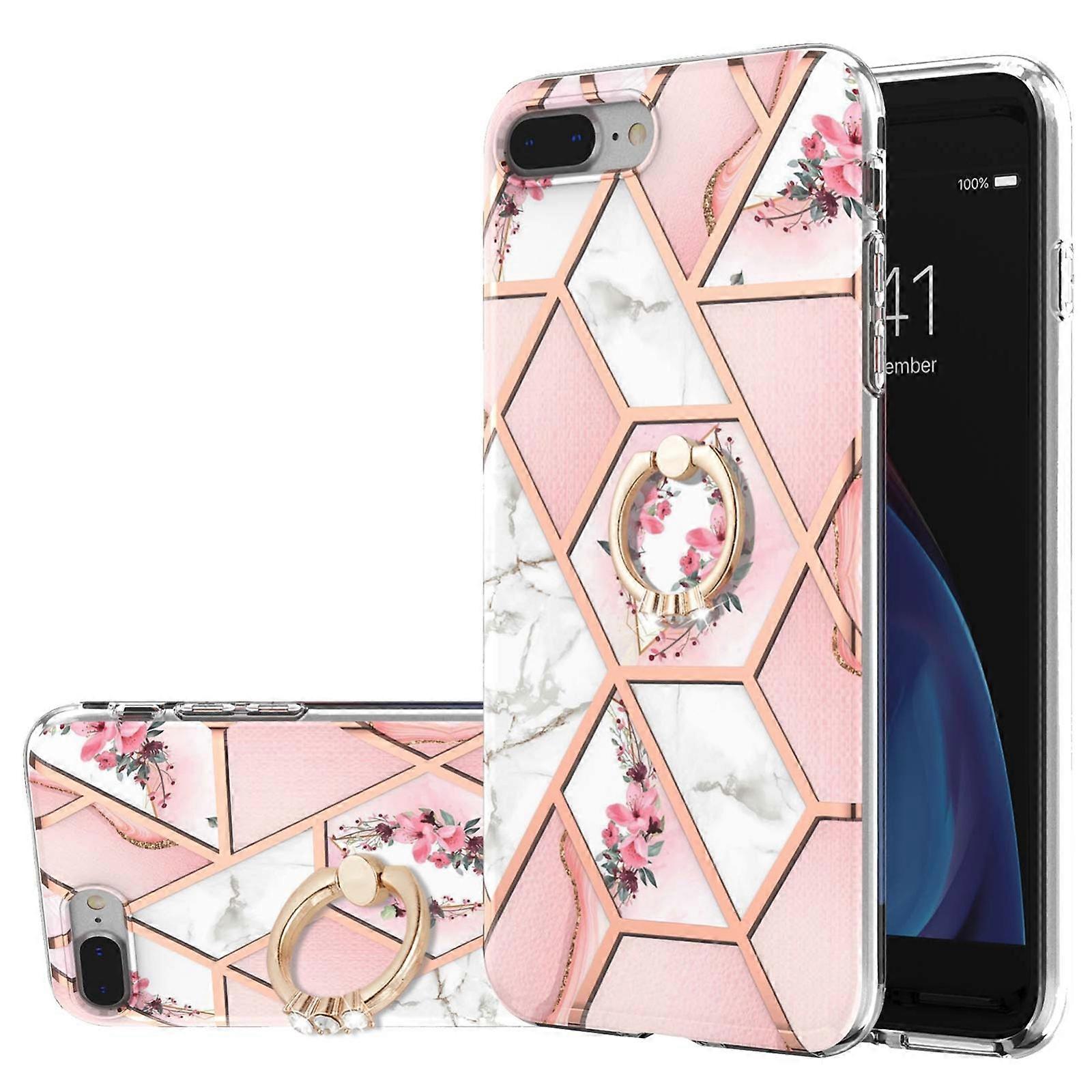 Electroplating Splicing Marble Flower Pattern TPU Shockproof Case with Rhinestone Ring Holder For iPhone 7 Plus / 8 Plus