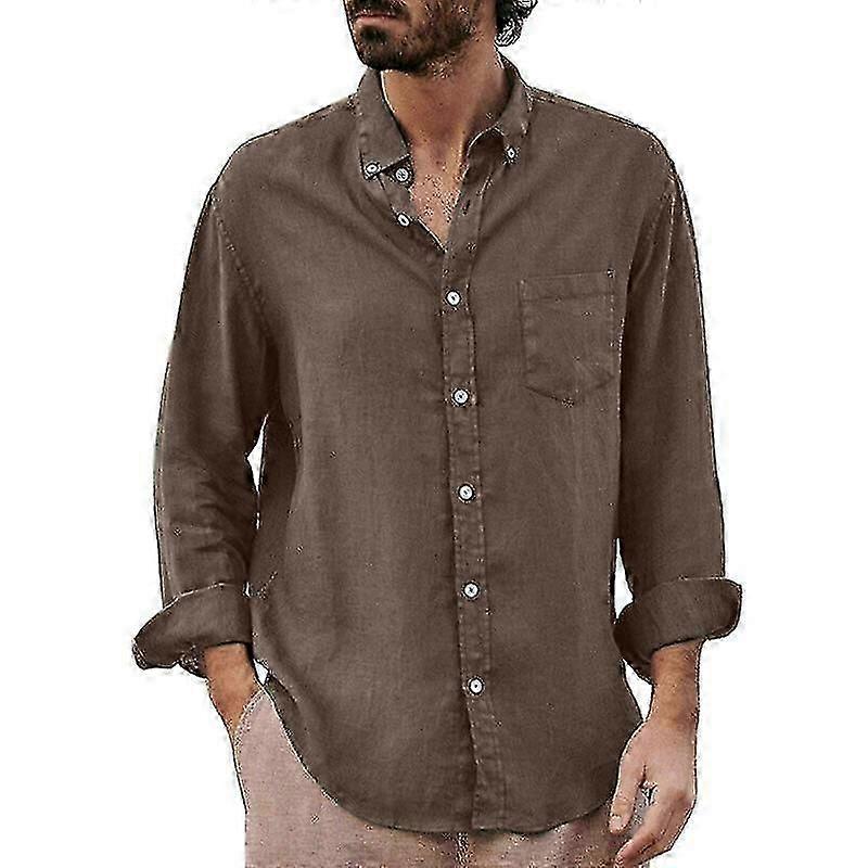 Herren Casual Baumwoll-Leinenhemd Langarm Lockere Bluse Button Down Shirts Tops