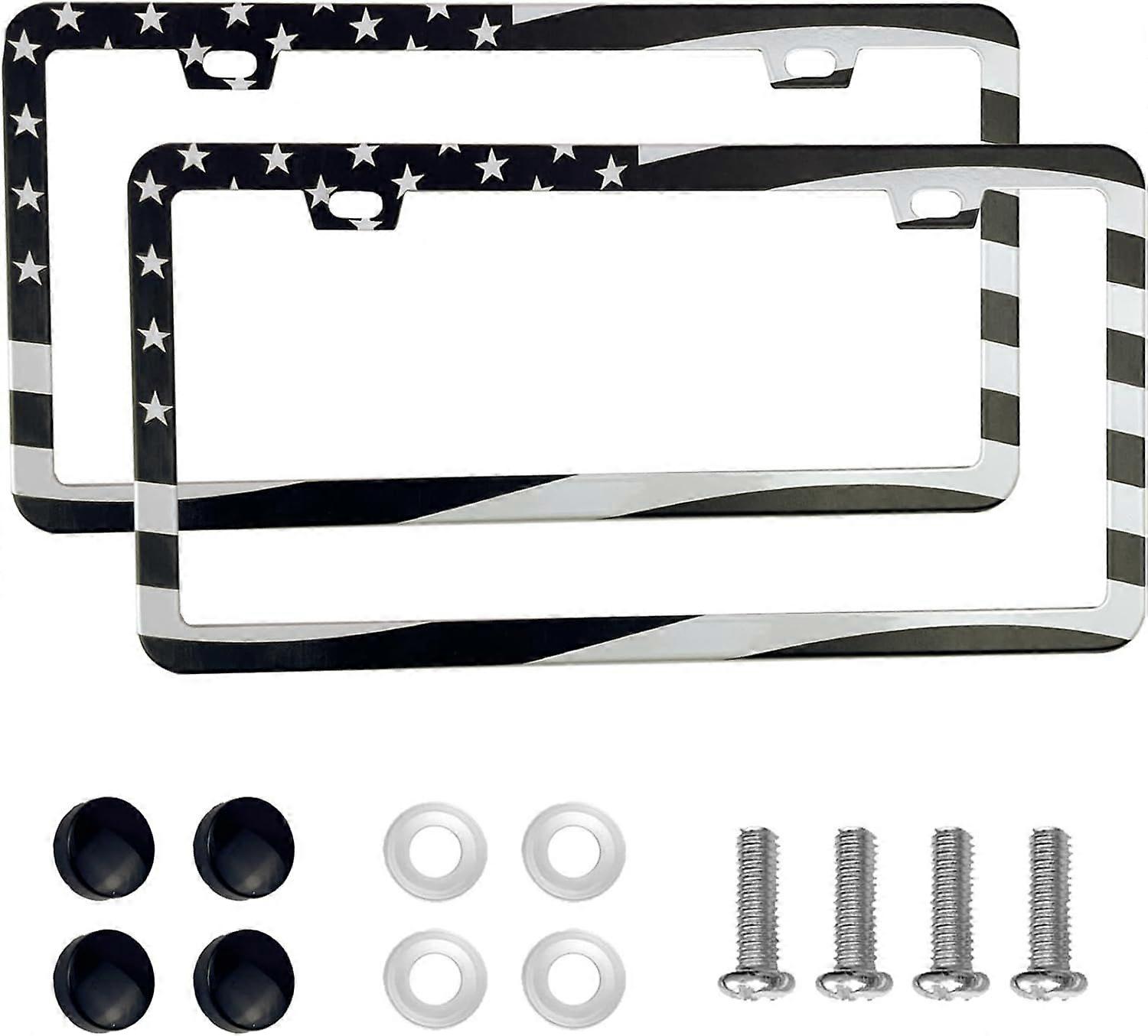 SQCLV 2PCS Premium American Flag License Plate Frame, Black License Plate Frames, 2 Holes Solid Stainless Steel License Plate Holder, Universal Car Li