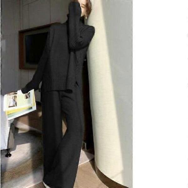 Sweater Set Warm Suit for Women Winter Knitted Suits 2 Piece Set Solid Turtleneck Sweater and Loose Trousers Office Lady Suit