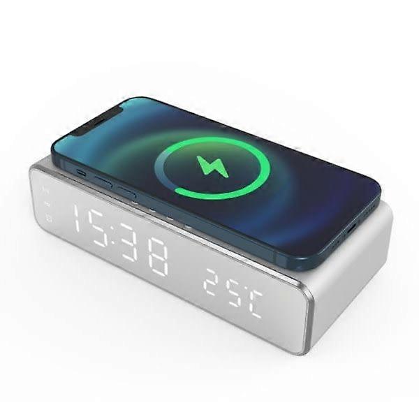 Digital LED Alarm Clock with Wireless Charger/Thermometer Silver