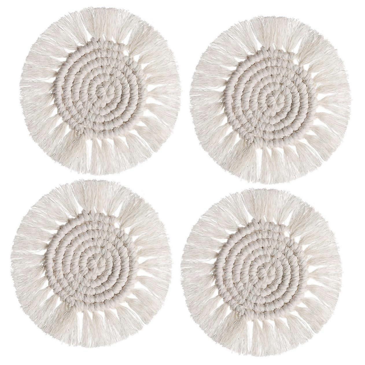 Set of 4 Woven Tassel Placemats, Decorative Coasters, Bottle Mats Made of Rattan