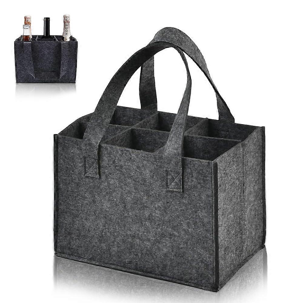 Bottle Bag with 6 Compartments - Dark Grey Felt Wine Bottle Carrier, Washable, Reusable, Removable Dividers, 24 x 16 x 18 cm