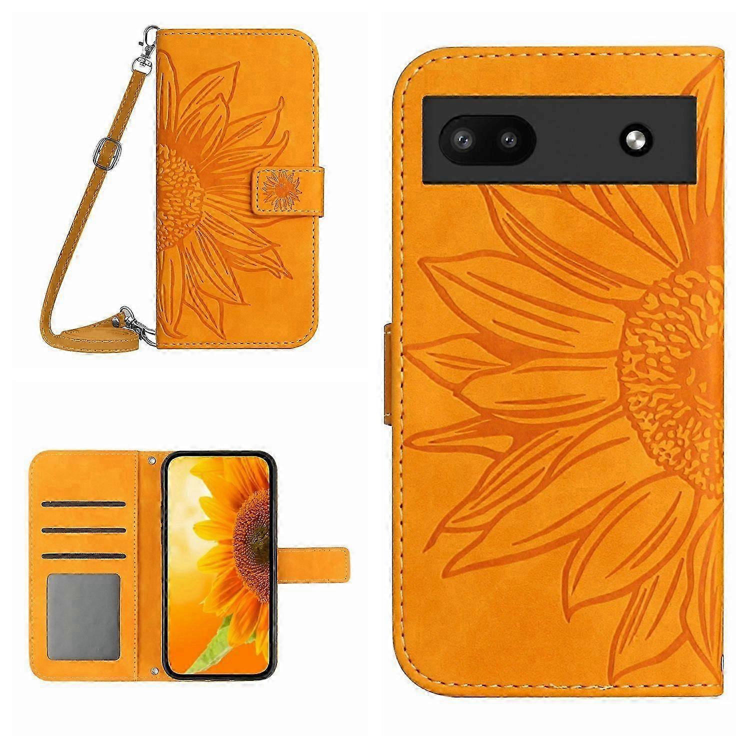 For Google Pixel 6A Skin Feel Sun Flower Pattern Flip Leather Phone Case with Lanyard
