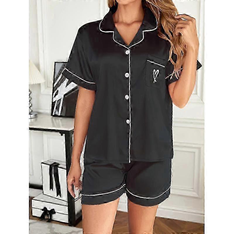 Women's Heart Embroidered Satin Pajama Set - Button-Down Top & Elastic Shorts Sleepwear for Valentine's Day Gifting