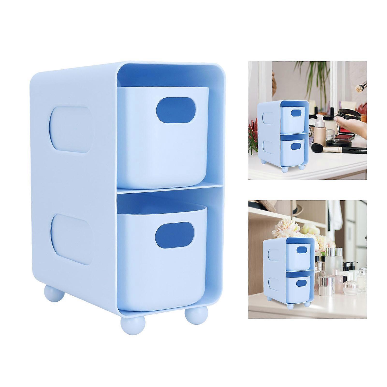 Double Layer Blue Desktop Organizer with Shelf Drawer for Cosmetics