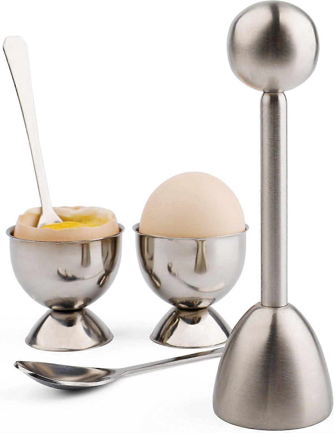 Egg cracker attachment set for soft-boiled eggs. Stainless steel shell remover.