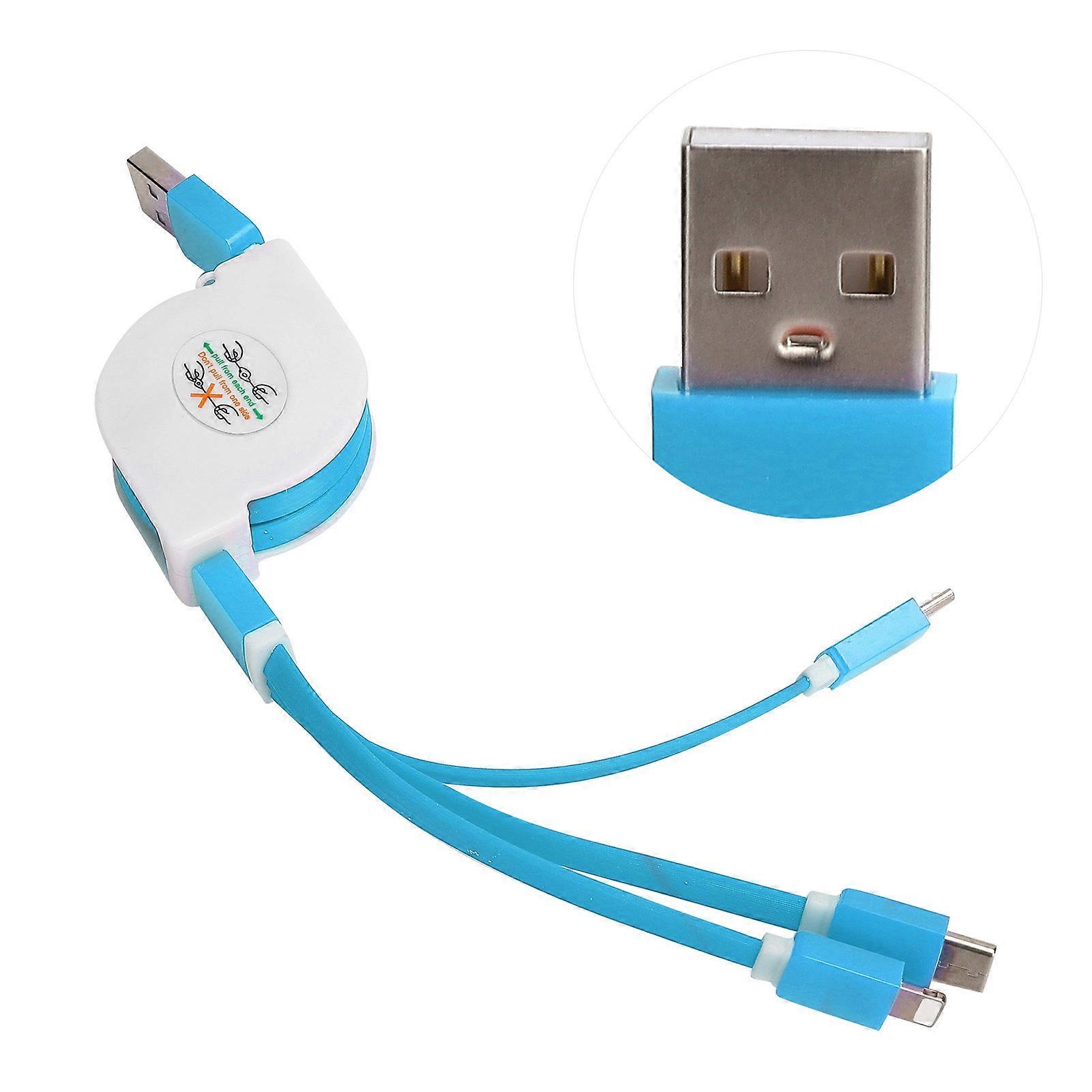 3 in 1 USB Retractable Charging Cable 1m Blue for IOS/Type-C