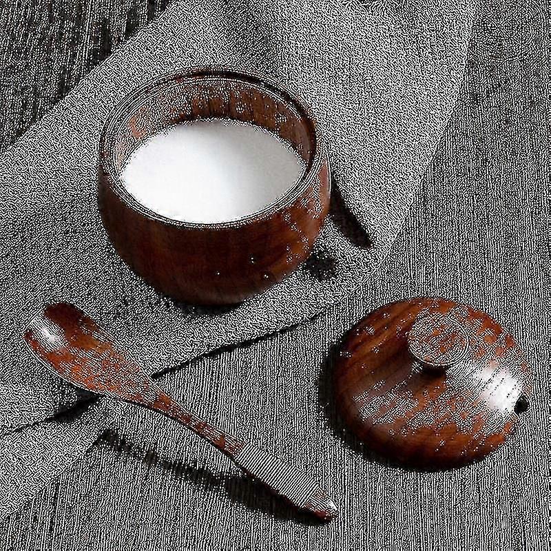 Seasoning Box with Wooden Jar Sugar Bowl Salt and Pepper Containers Lids and Spoon for Kitchen Cooking