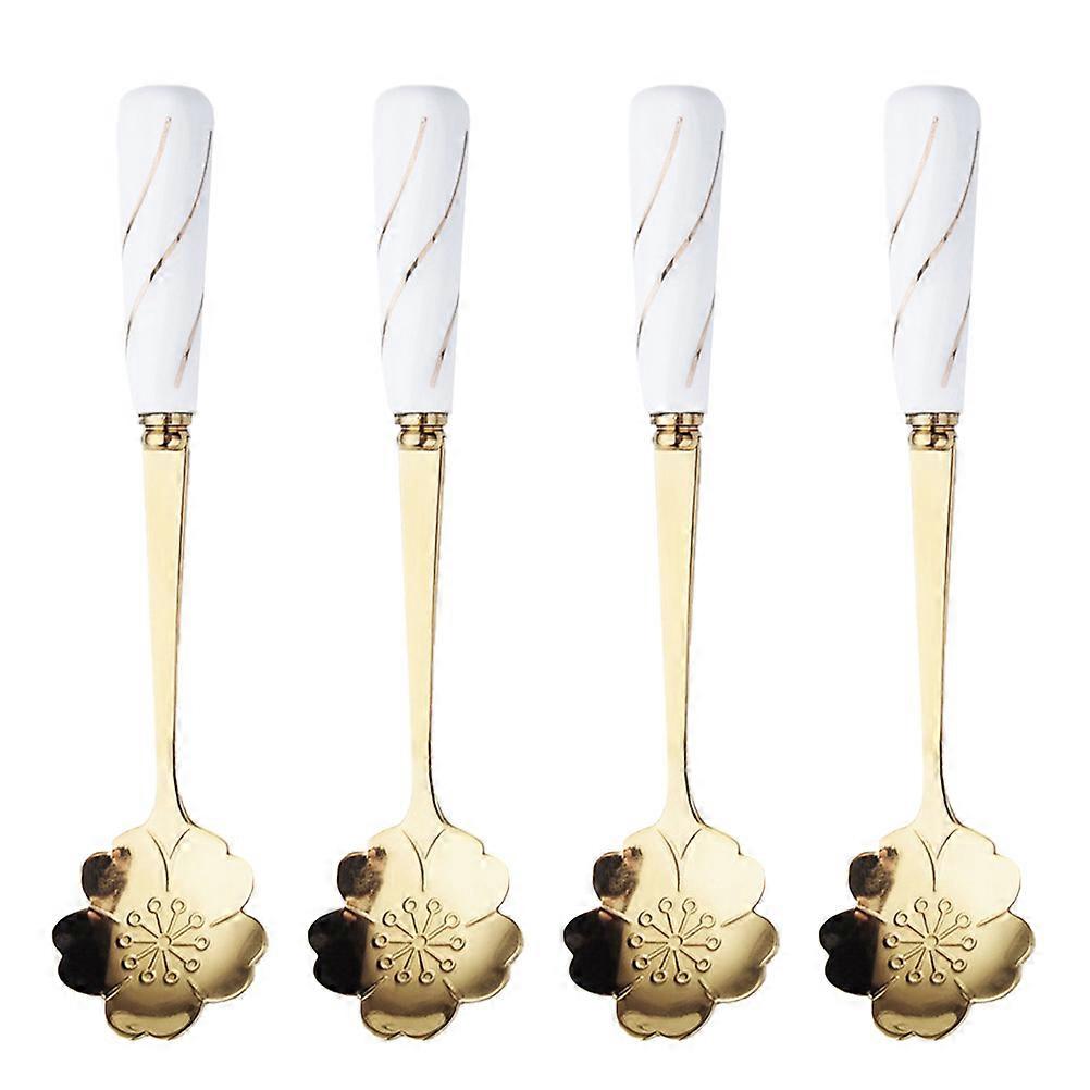Coffee Spoon with Ceramic Handle for Household Use 4Pcs Flower-Shaped