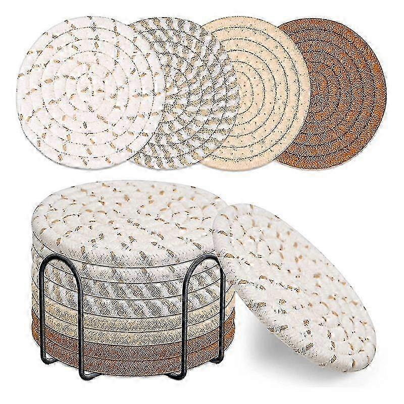 Drink Coasters Set with Holder - 8 Pcs Absorbent Coasters in 4 Colors: Cotton Woven for Various Drinks
