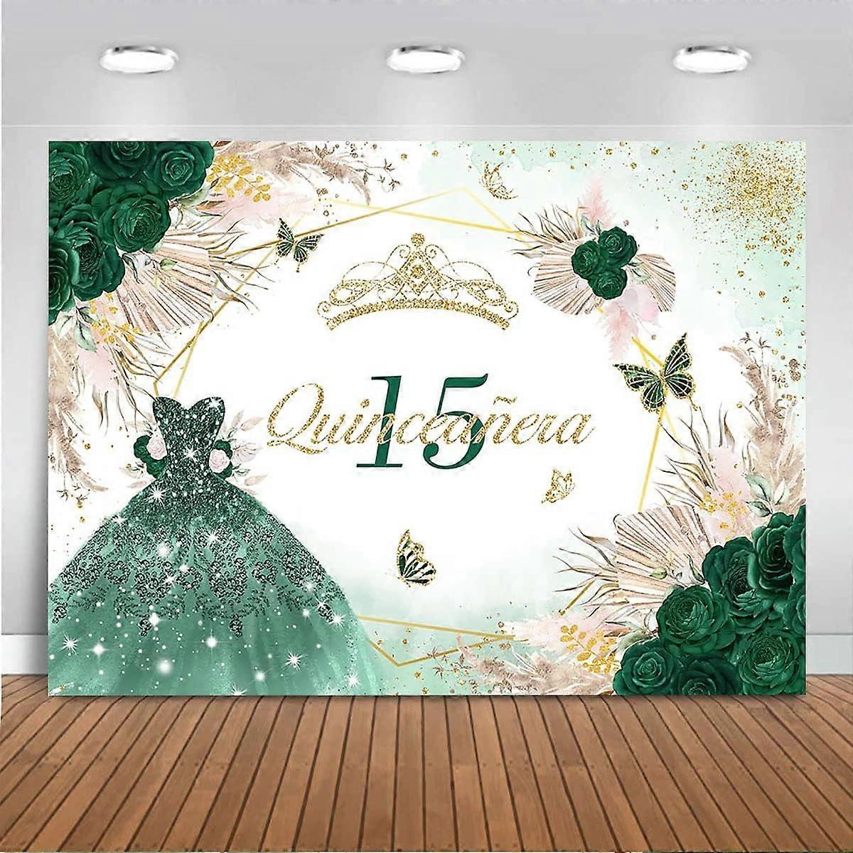 Boho Green Eucalyptus & Gold Dots Backdrop, compatible with Quinceanera 15th Birthday, Pampas Grass, Princess Party Decorations Banner
