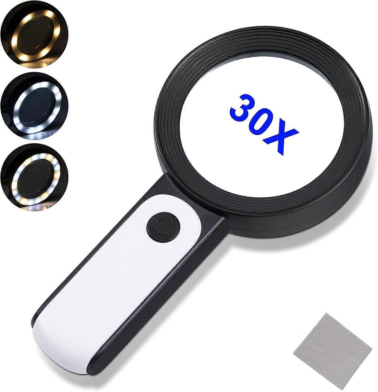 30X Magnifying Glass With 18Led Light, 80Mm Handheld Large Magnifying Glass Cold & Warm Light 3 Mode