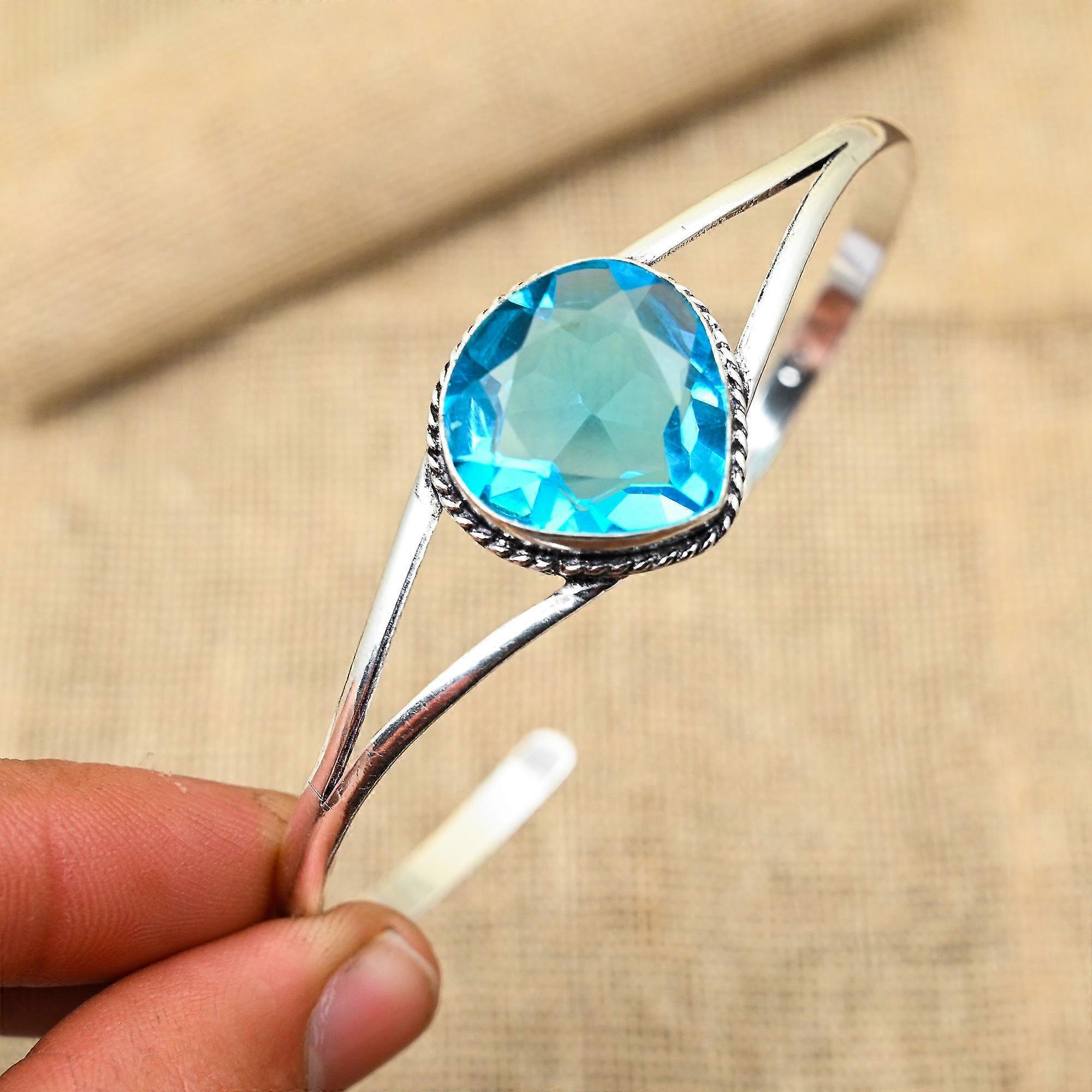 Blue Topaz Gemstone Handmade 925 Solid Sterling Silver Bangle For Wedding Gift
