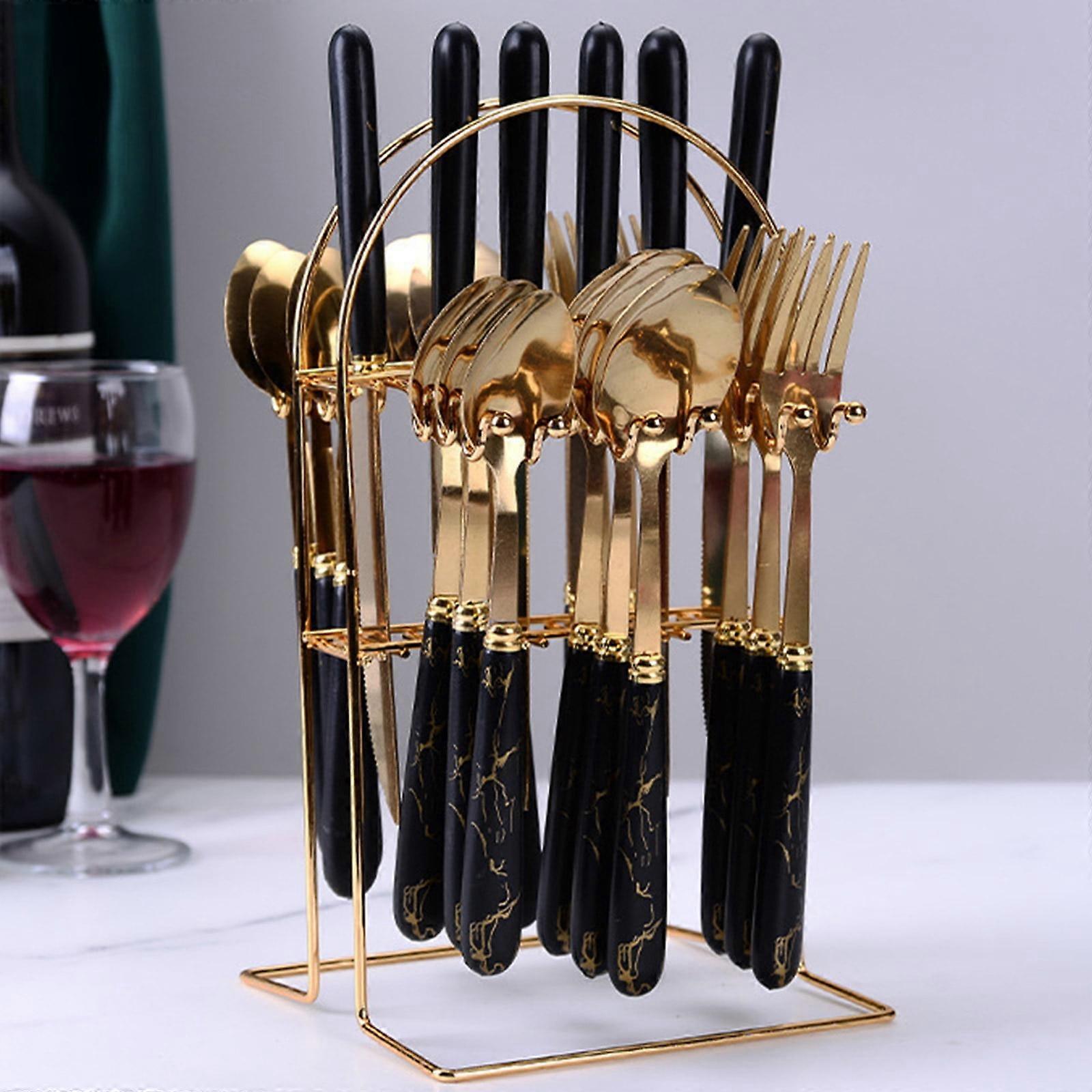 HKUKY Stainless Steel Tableware Set Of 24 Pieces, Ceramic Handle, Pattern, Plastic Handle，Western Style Knife, Spoon, And Fork Set