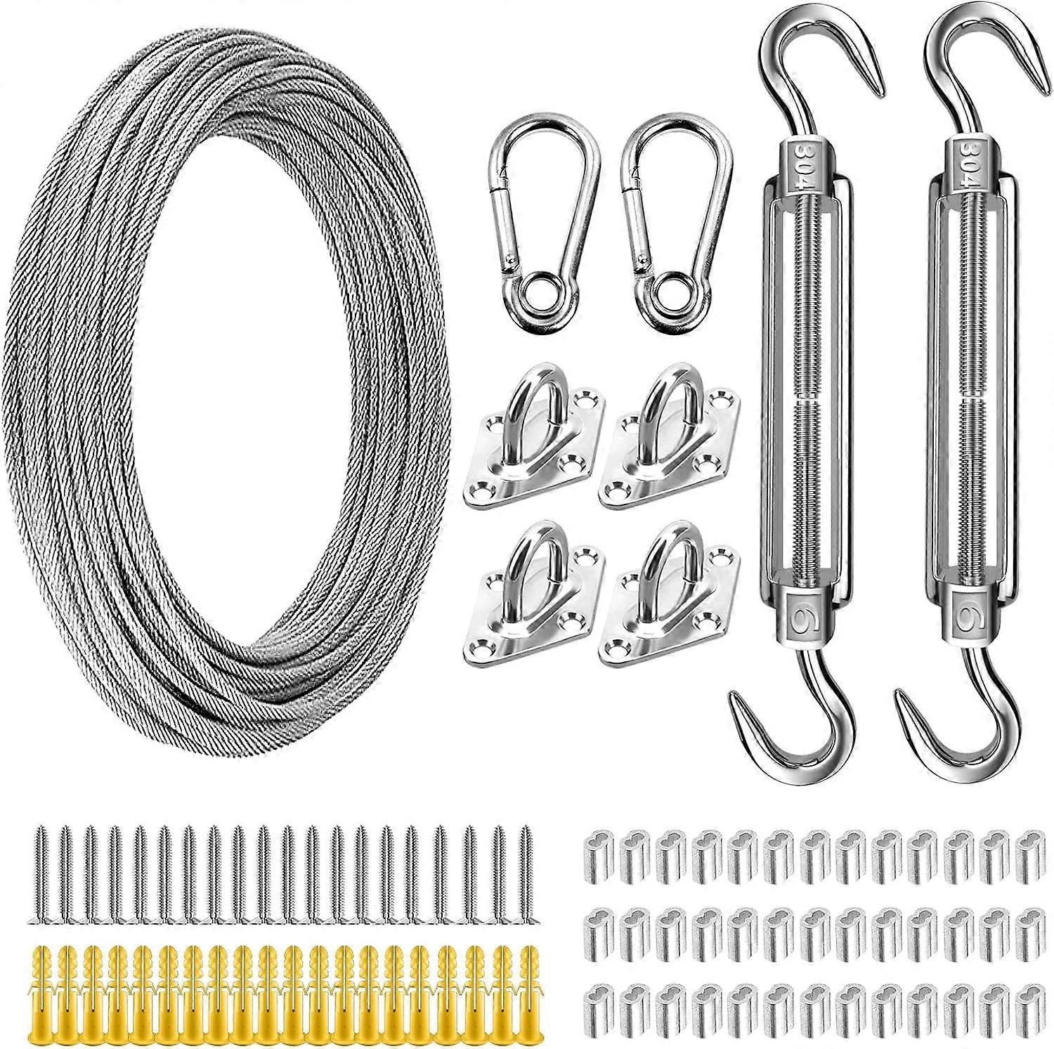 Shade Sail Hardware Kit with 50 FT Cable, Anti-Rust Stainless Steel for Rectangle, Square, Triangle Shade Sail Installation (66 PCS)