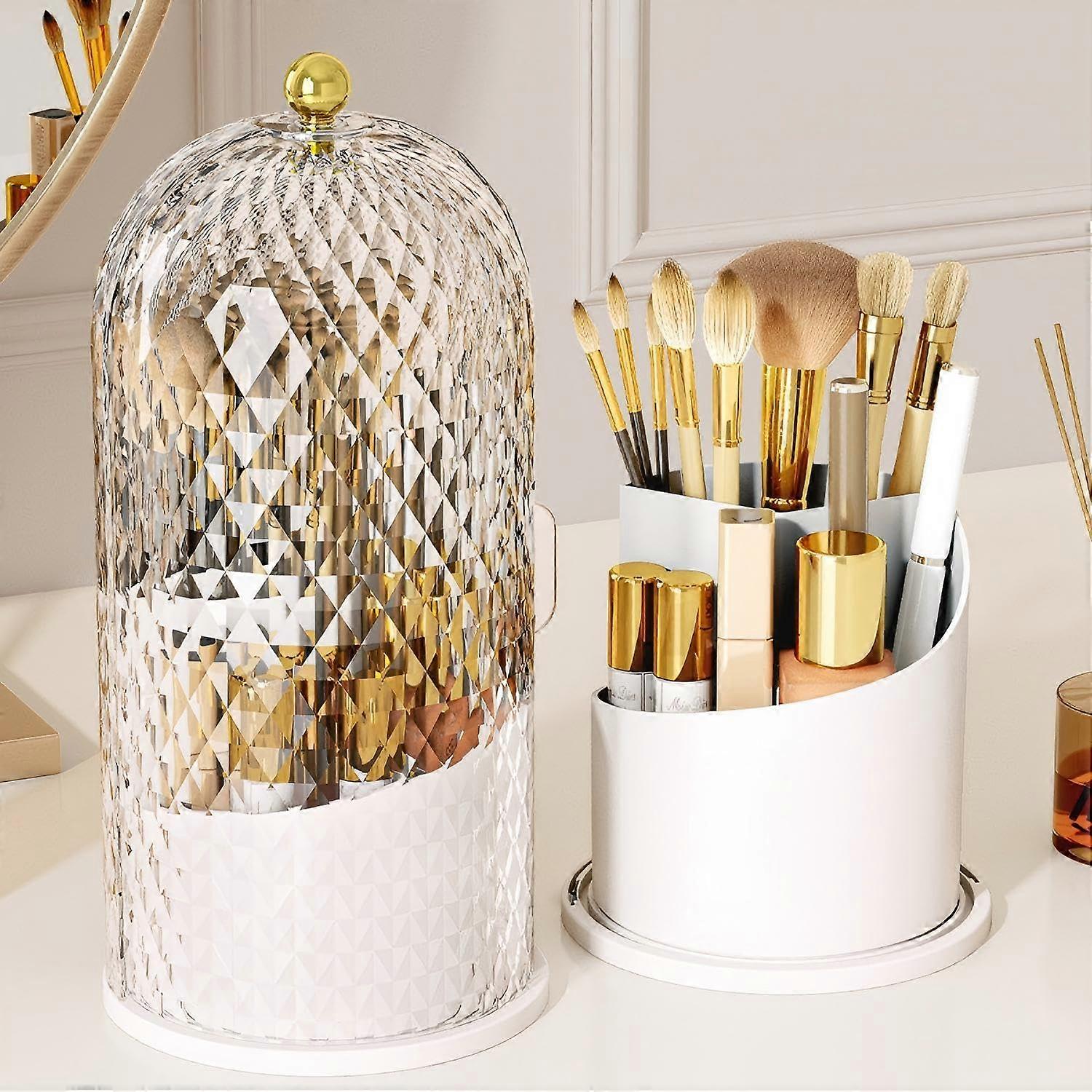 Makeup Brush Holder with Lid, 360 Rotating Dustproof Waterproof Diamond Pattern Organizer, White
