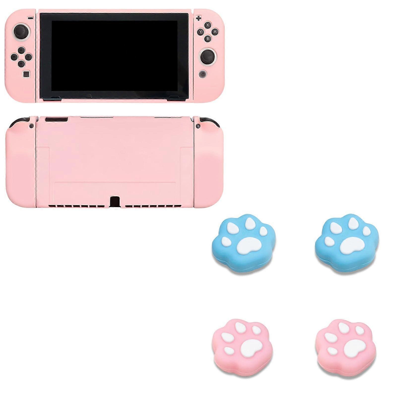 Pink Protective Silicone Case with Ergonomic JoyCon Grip and Thumb Caps for Nintendo Switch OLED