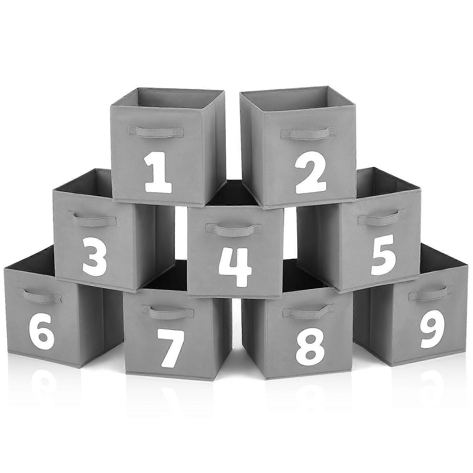 9pcs Grey Fabric Storage Bins with Numbers, Foldable Cube Organizers with Handles for Classroom or Home