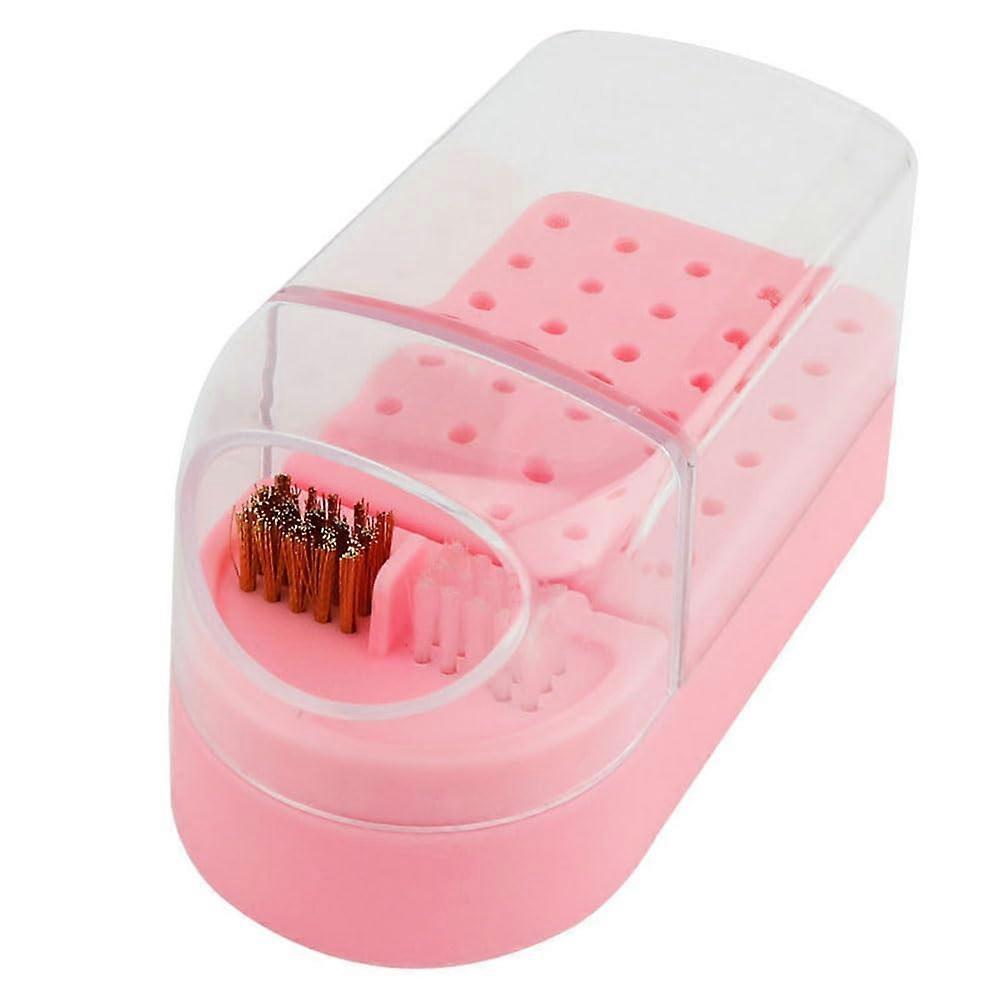 Pink Nail Drill Bit Holder 30Hole Organizer with Brush DustProof Plastic Storage Rack
