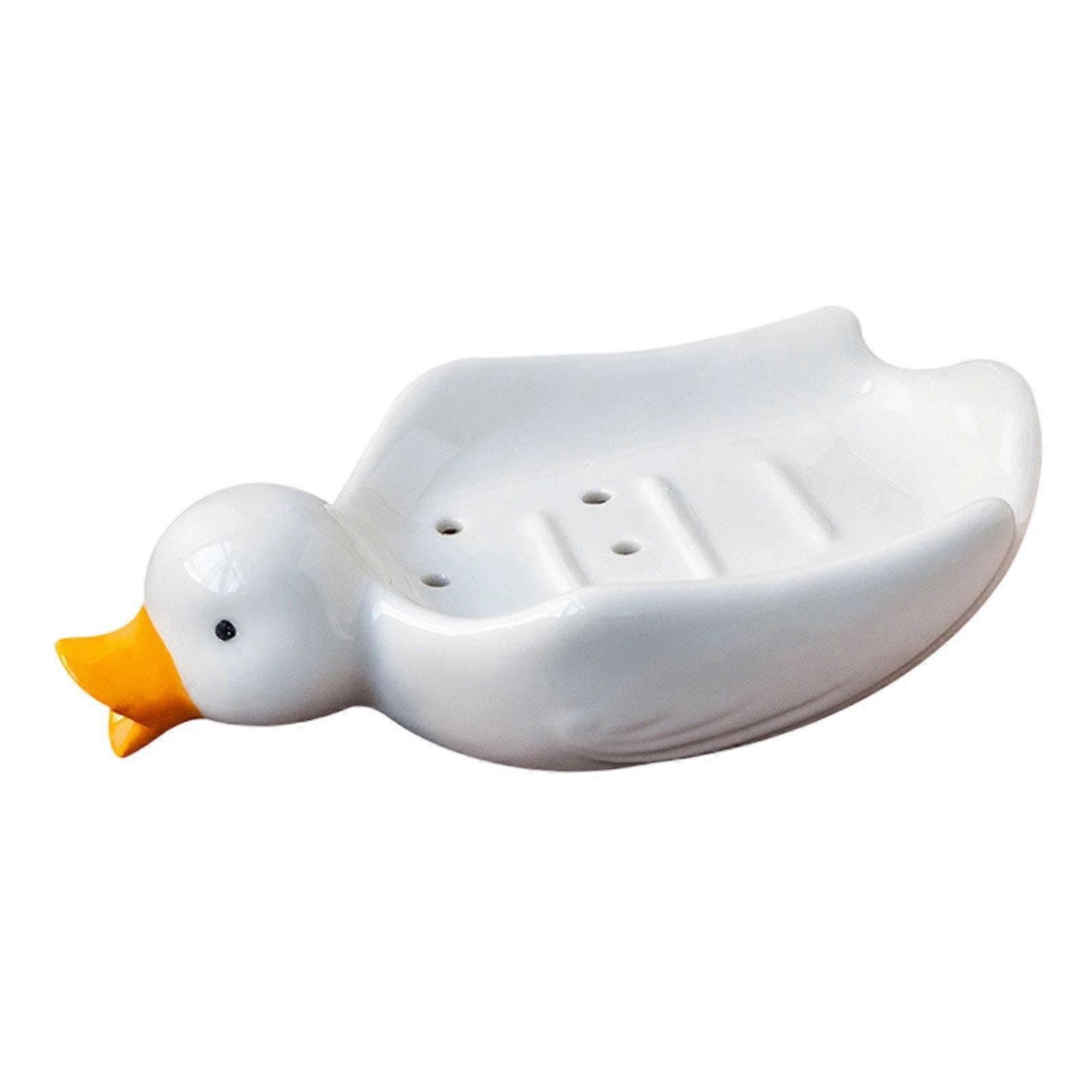 Ceramic Self Draining Soap Dish Cute Duck Design for Bathroom Kitchen Sink and Shower