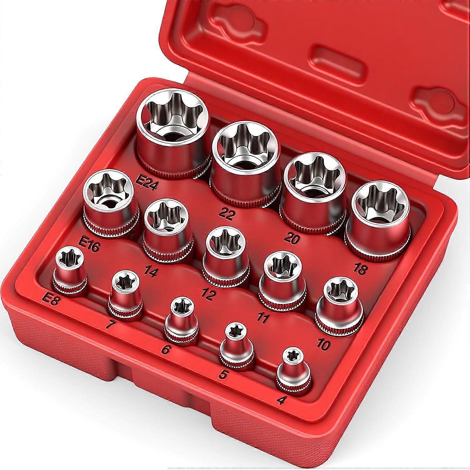 Set of 14 E sockets - Female sockets, ultimate star sockets, E4 E5 E6 E7 E8 E10 E11 E12 E14 E16 E18 E20 E22 E24
