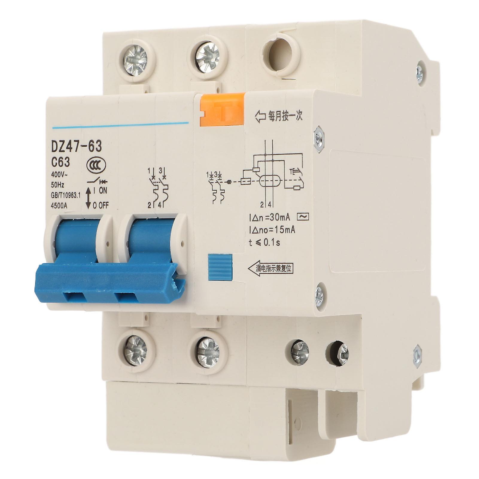 Risegun Miniature Circuit Breaker 63A Miniature Circuit Breaker 2P Leakage Protection Air Switch DIN Rail Mounting 400V