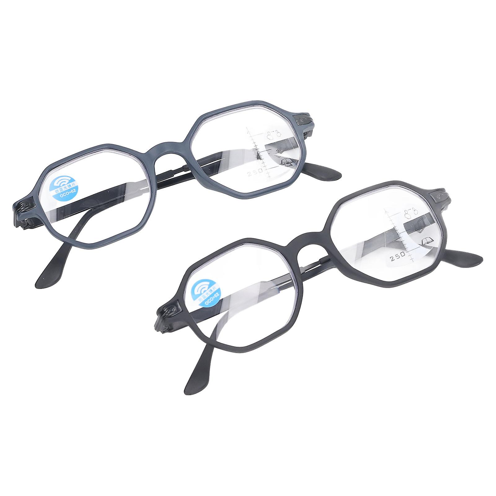 2pcs 250 Multifocus Reading Glasses Prevent Blue Lighting Elderly Glasses Black Blue Frame