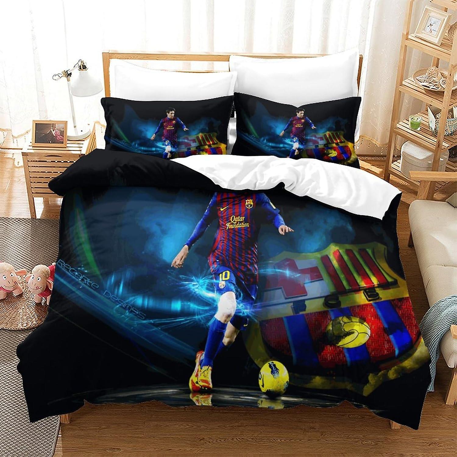 HOUKIG Lionel Messi Football Superstar Dimensional Printed Microfibre Duvet Cover And Sheet Set, Soft And Beautiful Microfibre Pillowcases, with Invis