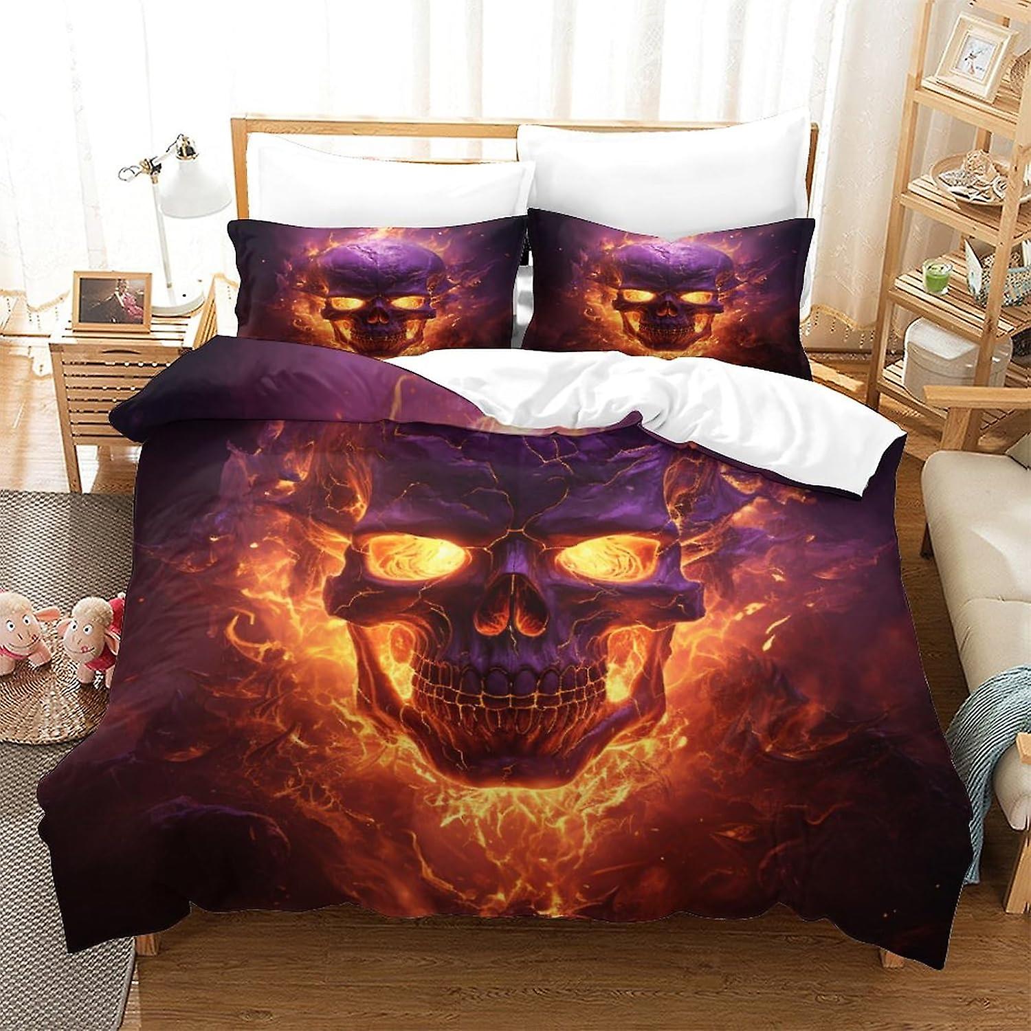 HOUKIG Flammender Schädel Bettbezug Jungen Mädchen Spiel Bettwäsche Sets, Mysteriöser Bettbezug 3-teiliges Schlafzimmer-Set mit 2 Kissenbezügen für Jugendliche und Erwachsene,