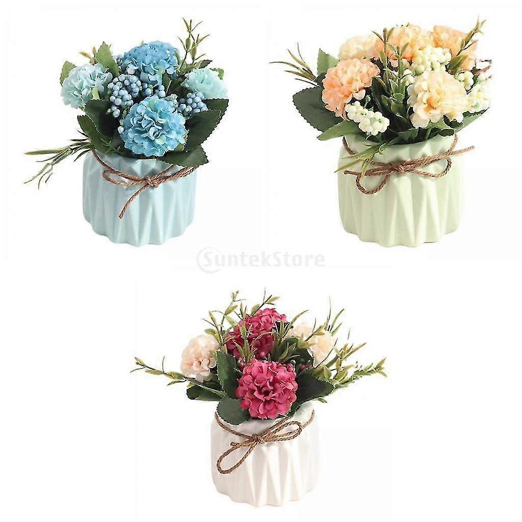 hg 3x Mini Ceramic Vase With Artificial Hydrangea Flower Simulation