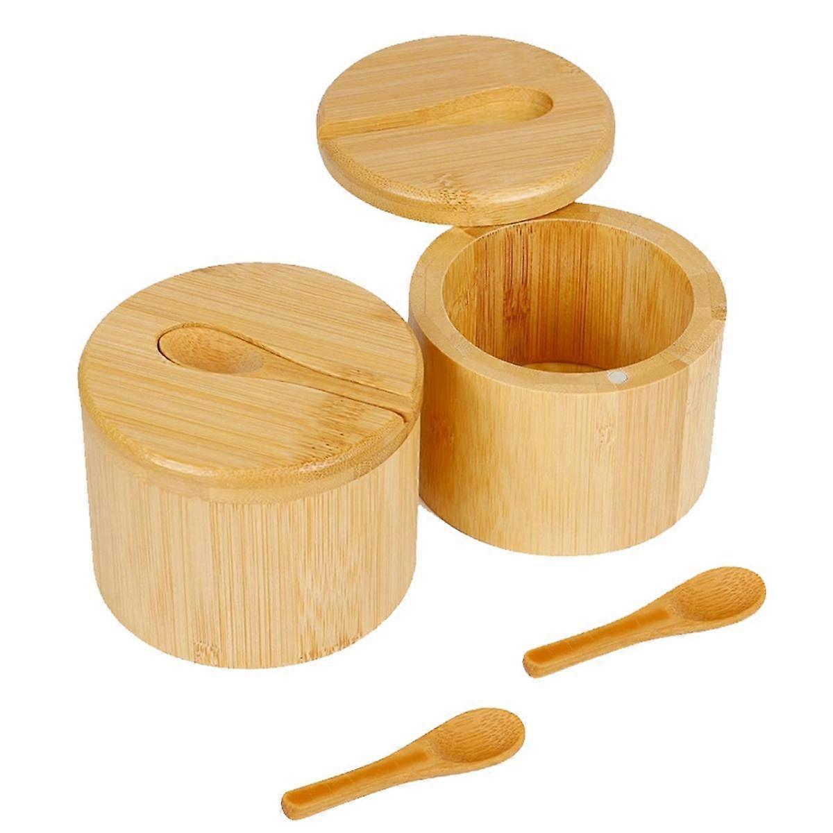 2Pcs Bamboo Salt Cellar Spice Storage Box with Magnetic Swivel Lid & Spoon for Pepper, Table Salt, Gourmet Salts, Spice