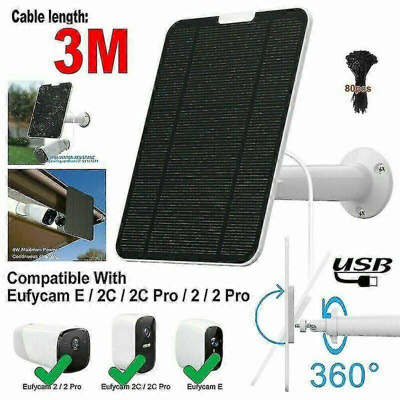 Solar Panel For Eufycam 2/2c/2c Pro/e/2 Pro 4w Mount Bracket 13ft Cable Black