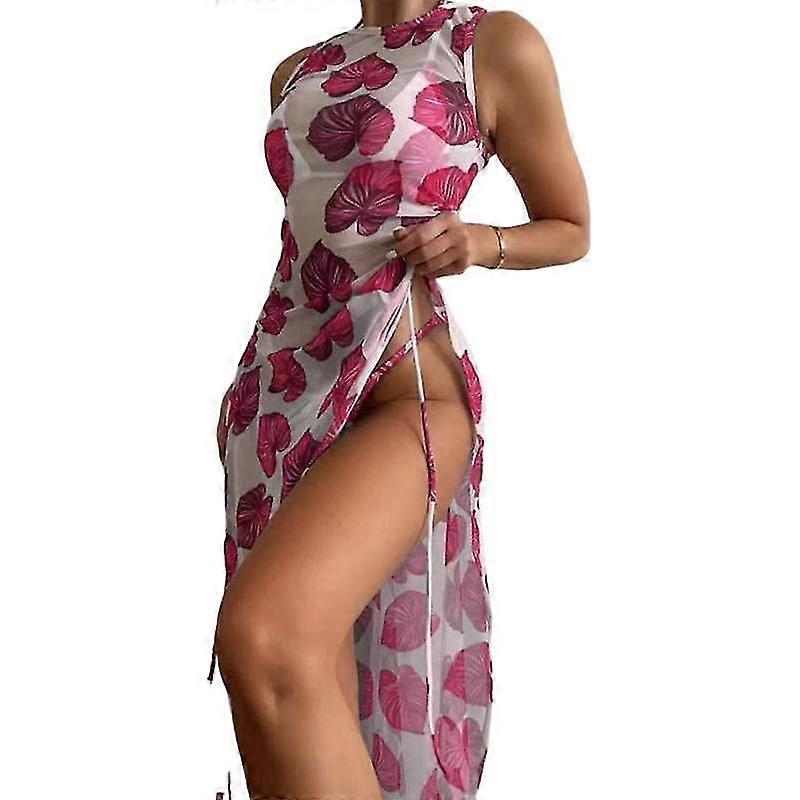 3 Piece Swimsuits For Women With Mesh Cover Up Halter Neck Triangle Bikini Set