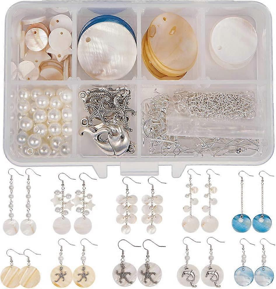 DIY 10 Pairs Natural White Sea Shell Drop Dangle Earrings Making Starter Kit Round Seashell Charm Pendants Earring Hook for Art Craft Projects Silver