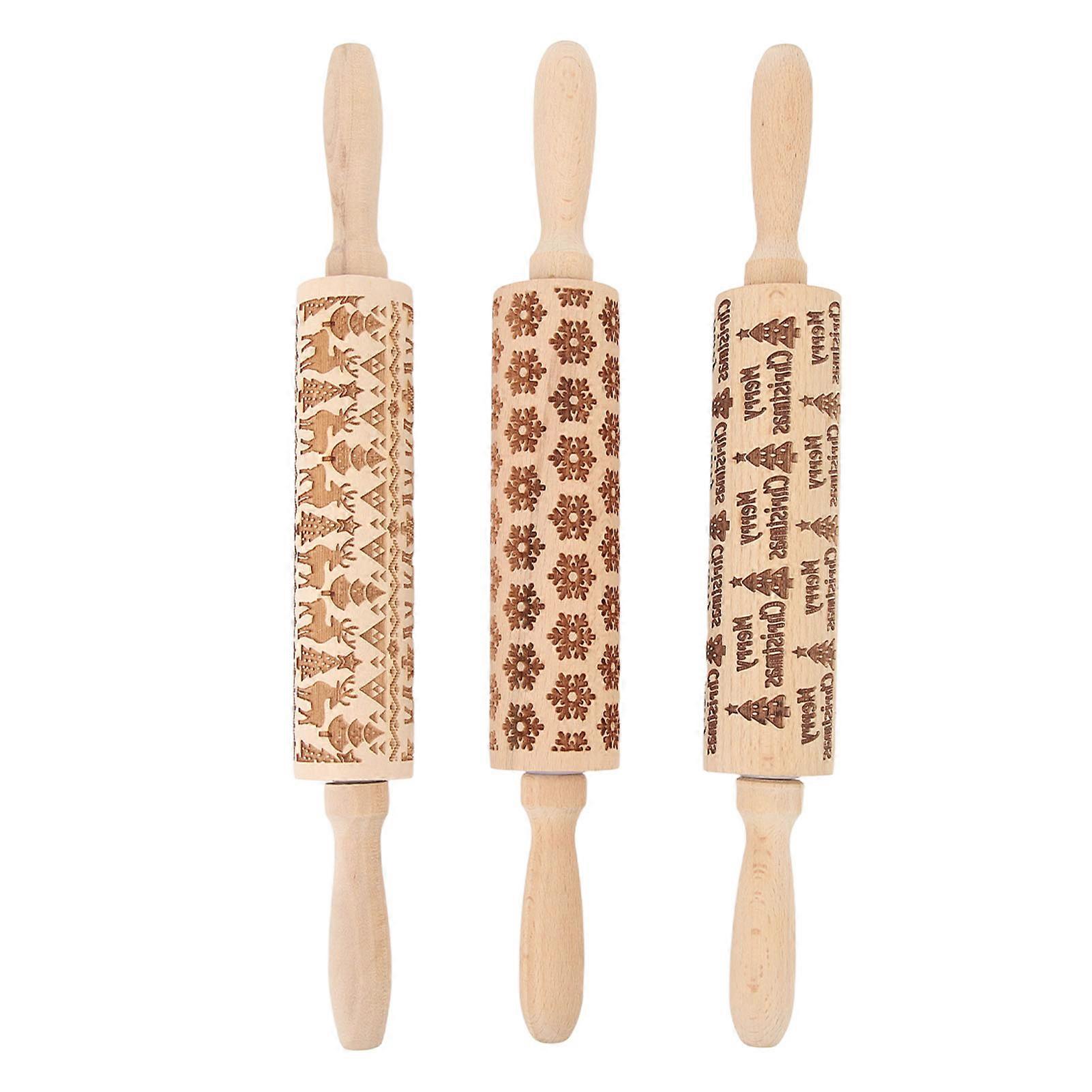 3Pcs Wooden Embossed Rolling Pin Cute Christmas Pattern Engraved Embossing Rolling Pin for Baking Embossed Cookies