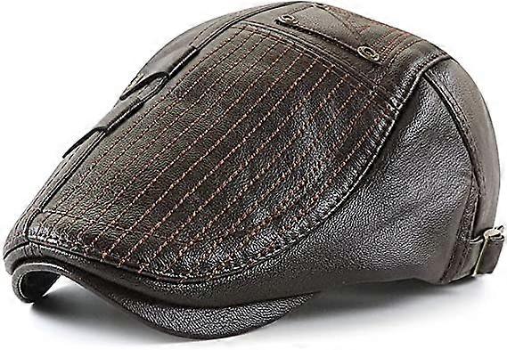 Dark CurryMen's Flat Cap Hat Adjustable Flat Beret PU Leather 56-60cm