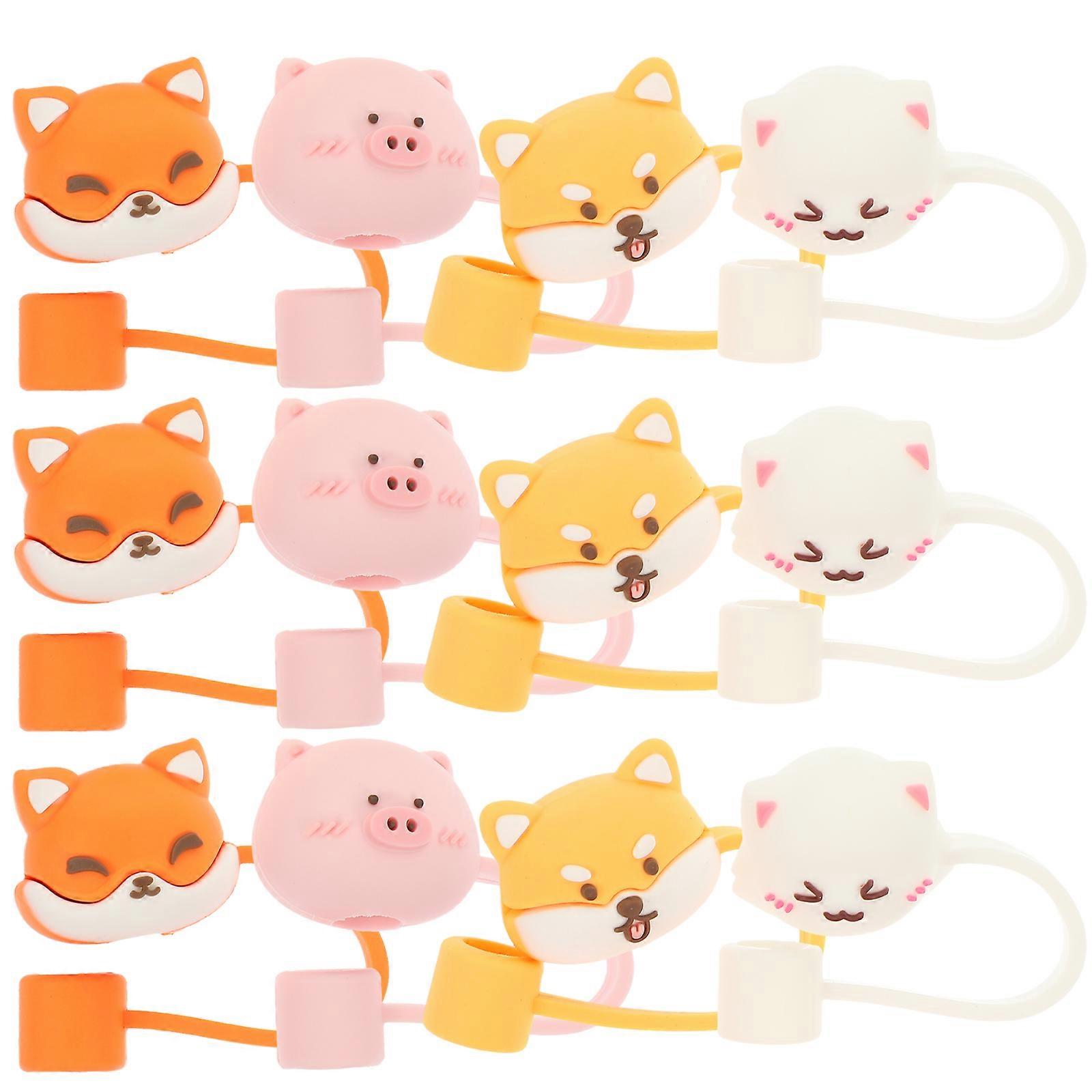 12Pcs Cartoon Straw Tips Cover Reusable Dust-proof Drinking Straw Tips Caps