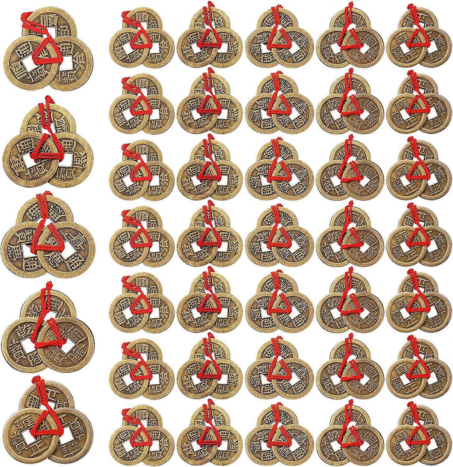 Chinese Fortune Coins Feng Shui Coins I-Ching Coins Traditional Coins with Red String for Wealth and Success, 5 Styles (40 Pieces)