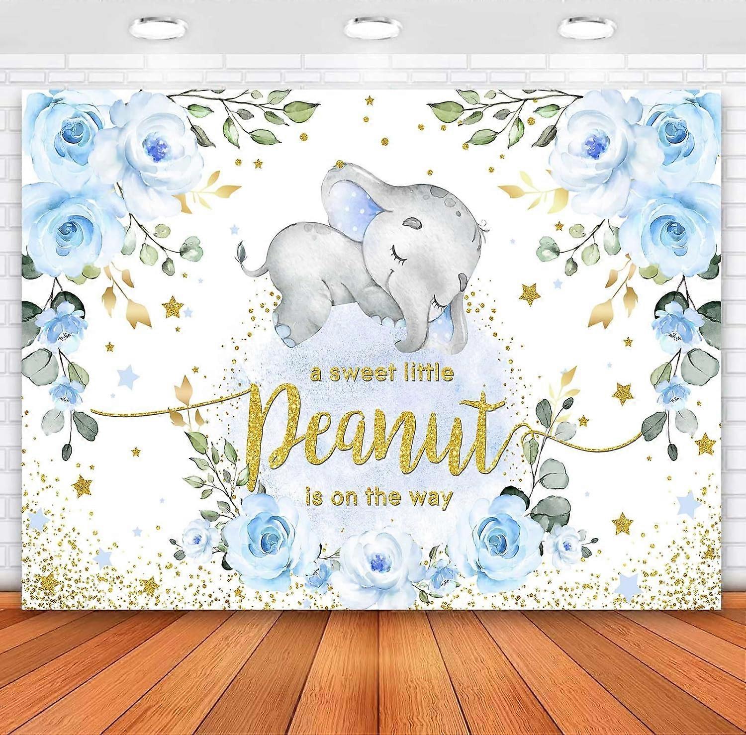 男の子象の赤ちゃんのシャワーの背景青い花のかわいい小さなピーナッツは、パーティーケーキTのための写真の背景青い象の写真バナーの途中にあります