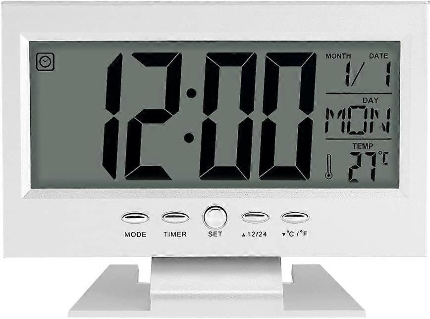 Display LCD Grande Digital Sound Sensor Desk Alarm Clock (Prata) com Smart Night Light e Snooze T