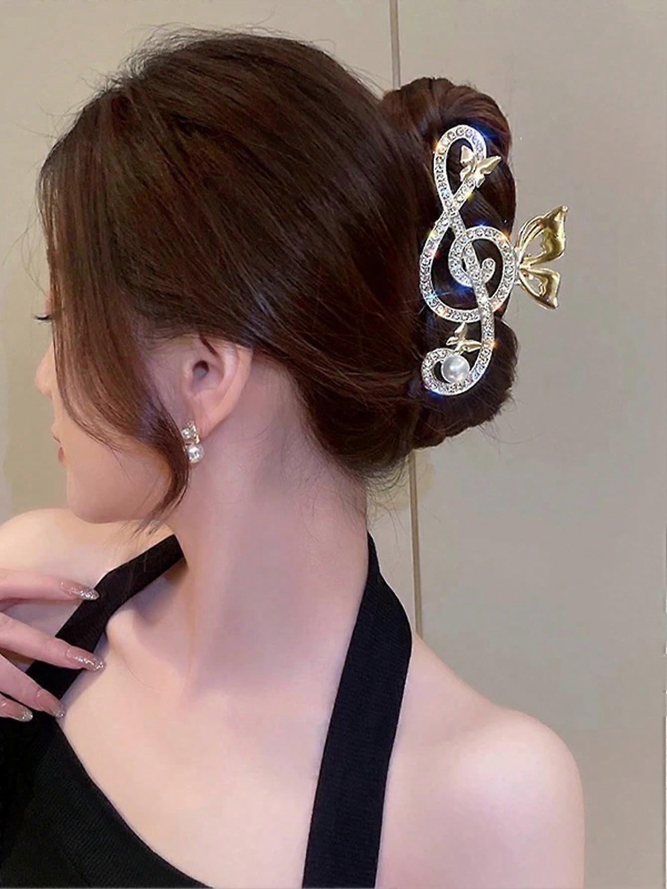 1pcレディースシルバーラインストーン装飾音符ヘアクリップ、デイリーウェアに適していますエレガント