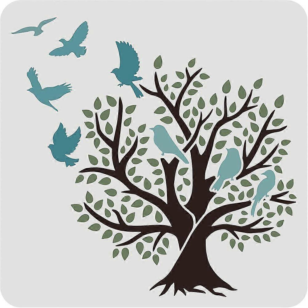 1pc Tree of Life and Birds 30x30cm Tree Birds Pattern Washable Reusable Mylar DIY Art Craft Painting Template Chalk Signs Natural Plant Stencils for P