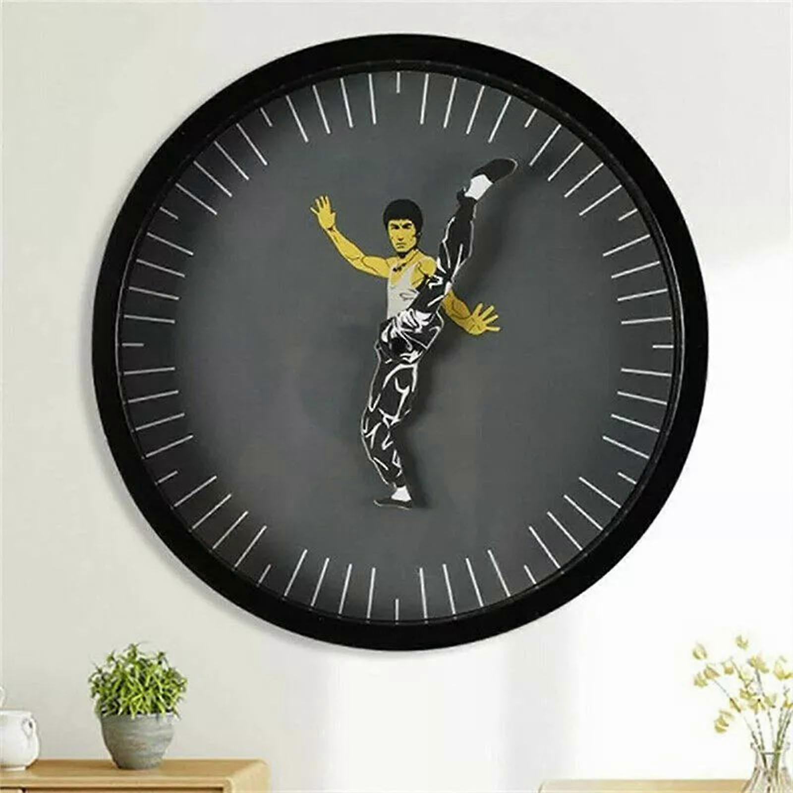 Black Round Bruce Lee Kung Fu Clock Silent Movement Decor
