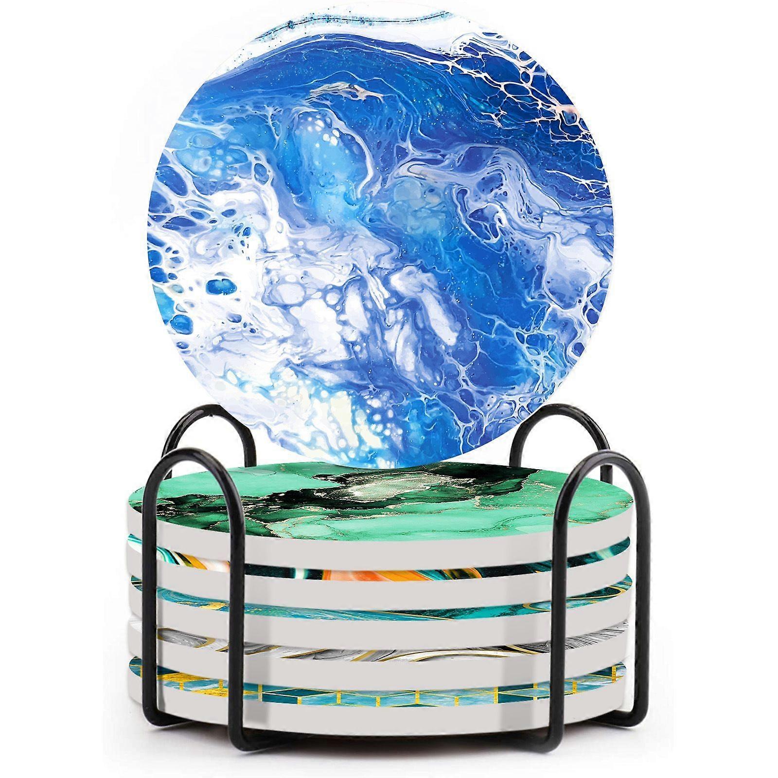 Nordic Marble Coasters, Absorbent Ceramic with Cork Bottom, Round Set